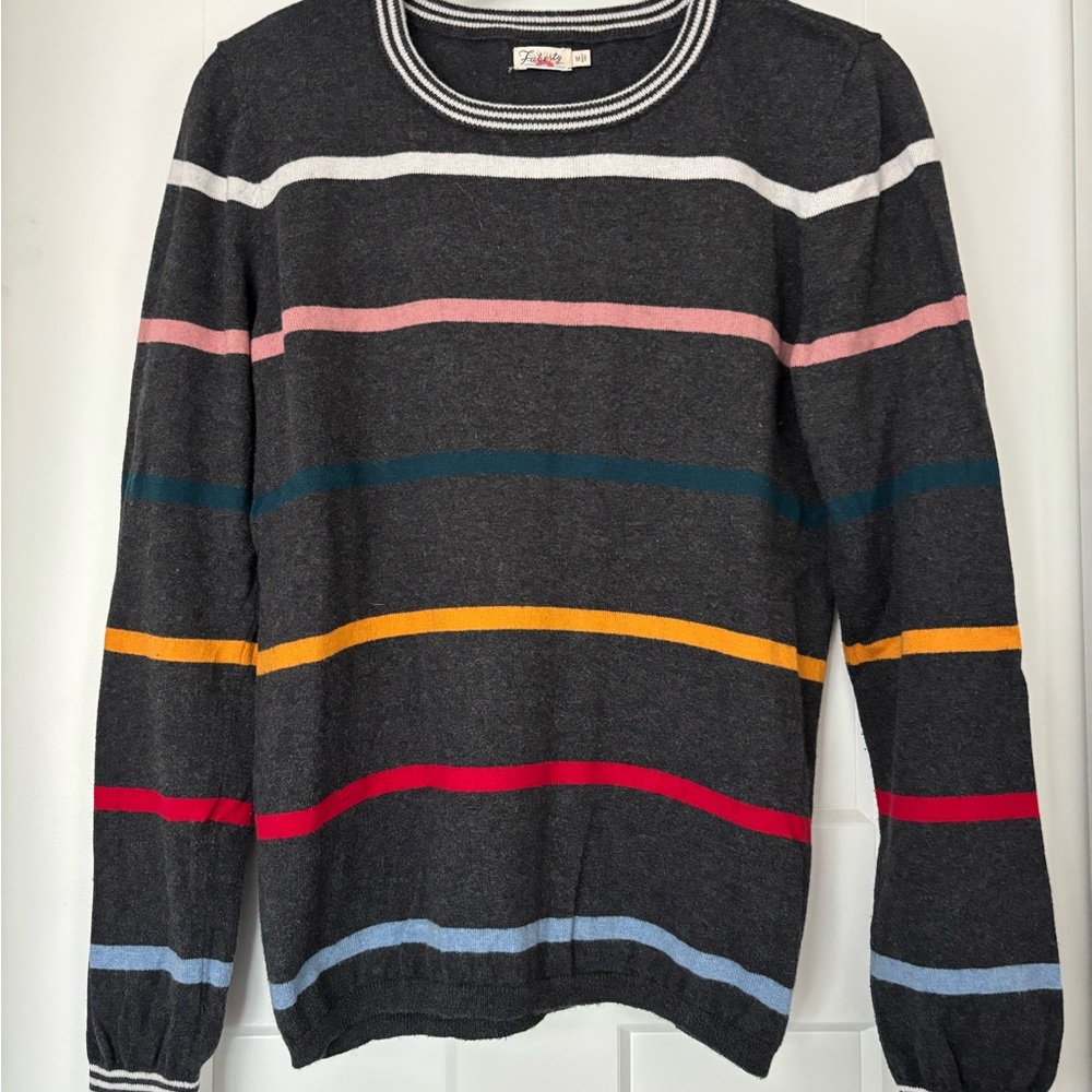 Faherty Gray Crew Neck Sweater with Colorful Stripes